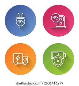 Set line Electric saving plug in leaf, car charging station, truck and Battery charge. Color circle button. Vector