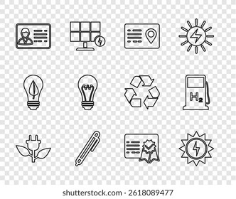 Set line Electric saving plug in leaf, Solar energy panel, Address book, Pen, Identification badge, Light bulb, Certificate template and Hydrogen filling station icon. Vector