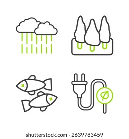 Set line Electric saving plug in leaf, Dead fish, Forest and Cloud with rain icon. Vector