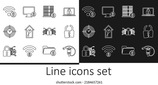 Set line Electric scooter, Broken or cracked lock, Server security with, Retro wall watch, Time Management, Wifi locked, Cyber and Lock on monitor icon. Vector