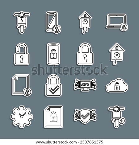 Set line Electric scooter, Cloud computing lock, Retro wall watch, Smartphone with, Open padlock,  and Lock icon. Vector