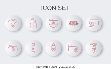 Set line Electric scooter, Folder and lock, FTP folder, Wifi locked, Open padlock, USB flash drive with and Scooter icon. Vector