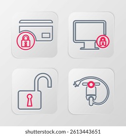 Set line Electric scooter, Open padlock, Lock on monitor and Credit card with icon. Vector