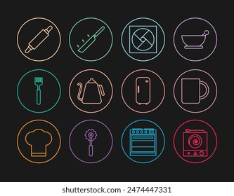 Set line Electric stove, Coffee cup, Ventilation, Kettle with handle, Fork, Rolling pin, Refrigerator and Frying pan icon. Vector