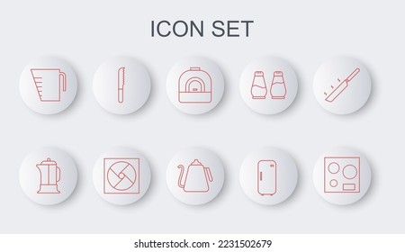 Set line Electric stove, French press, Oven, Refrigerator, Measuring cup, Bread knife, Ventilation and Kettle with handle icon. Vector