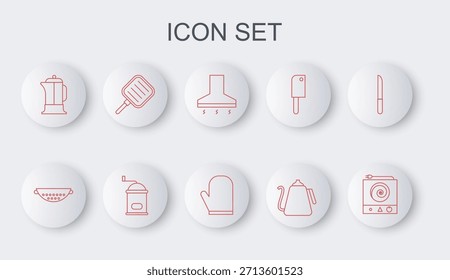 Set line Estufa eléctrica, colador de cocina, extractor de ventilador, hervidor de agua con mango, prensa francesa, sartén, molinillo de café manual e icono de guante de horno. Vector