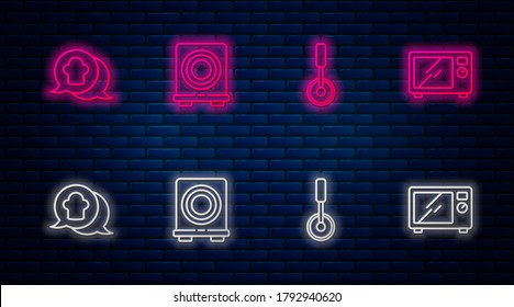 Set line Electric stove, Pizza knife, Chef hat in speech bubble and Microwave oven. Glowing neon icon on brick wall. Vector