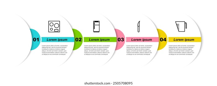 Set line Electric stove, Refrigerator, Knife and Measuring cup. Business infographic template. Vector