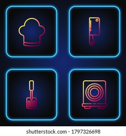 Set line Electric stove, Spatula, Chef hat and Meat chopper. Gradient color icons. Vector