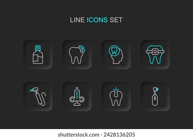 Set line Electric toothbrush, Broken, Syringe, Tooth drill, Teeth with braces, Toothache,  and Mouthwash icon. Vector