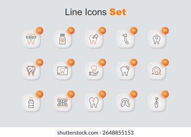 Set line Electric toothbrush, Dental plate, Broken, Dentures model, Mouthwash, Tooth,  and  icon. Vector