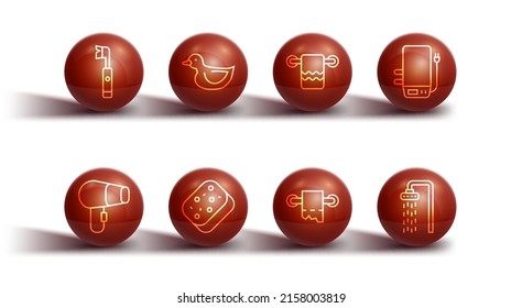 Set line Electric toothbrush, Hair dryer, boiler, Toilet paper roll, Sponge, Rubber duck, Shower and Towel hanger icon. Vector