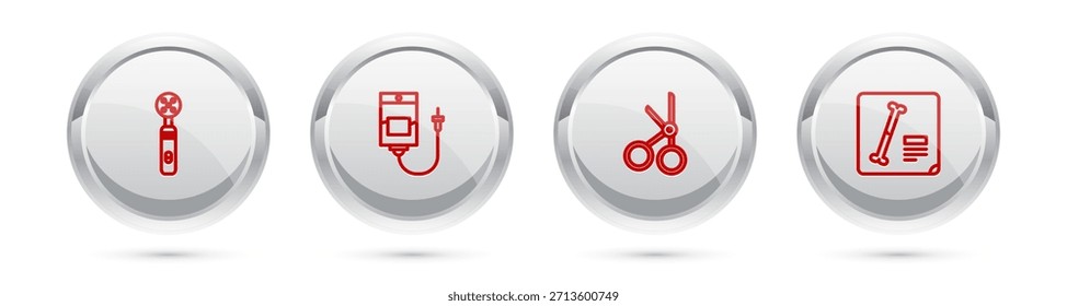 Set line Cepillo de dientes eléctrico, bolsa intravenosa, tijeras médicas y tomas de rayos X. Botón de círculo plateado. Vector