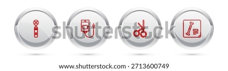Set line Electric toothbrush, IV bag, Medical scissors and X-ray shots. Silver circle button. Vector