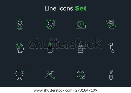 Set line Electric toothbrush, Tooth, Dental mirror and probe, Broken, drill, Mouthwash, Toothbrush toothpaste and Toothache icon. Vector