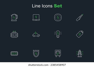 Set line Electric tower line, Electrical panel, Lightning and shield, outlet, Battery charge, Creative lamp light idea, car and Tee plug electric icon. Vector