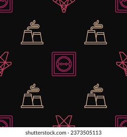 Set line Electric tower, Factory and Electrical outlet on seamless pattern. Vector