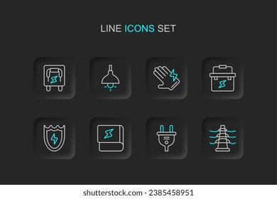 Set line Electric tower line, plug, Book about electricity, Lightning and shield, Toolbox electrician, glove, Lamp hanging and Electrical panel icon. Vector