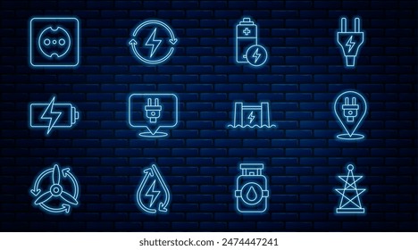 Set line Electric tower, plug, Battery, Electrical outlet, Hydroelectric dam and Recharging icon. Vector