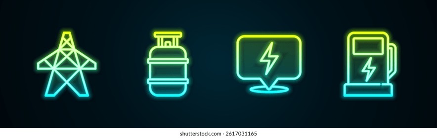 Set line Electric tower, Propane gas tank, Lightning bolt and car charging station. Glowing neon icon. Vector