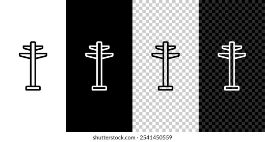 Set line Electric tower used to support an overhead power line icon isolated on black and white, transparent background. High voltage power pole line.  Vector
