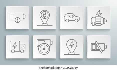 Set line Electric truck, Charging parking electric car, Battery charge, Low battery, motor and  icon. Vector