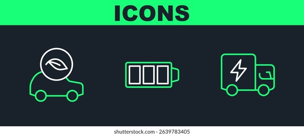 Set line Electric truck, Eco car and Battery charge icon. Vector