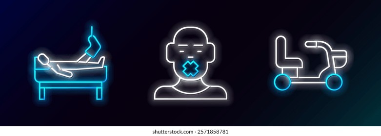 Set line Electric wheelchair, Patient with broken leg and Head of deaf and dumb icon. Glowing neon. Vector