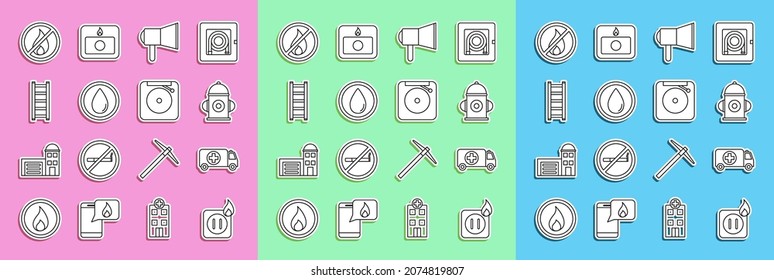 Set line Electric wiring of socket in fire, Ambulance and emergency car, Fire hydrant, Megaphone, Water drop, escape, No and Ringing alarm bell icon. Vector