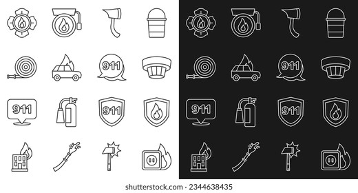 Set line Electric wiring of socket in fire, Fire protection shield, Smoke alarm system, Firefighter axe, Burning car, hose reel,  and Emergency call 911 icon. Vector