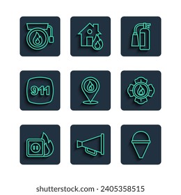 Set line Electric wiring of socket in fire, Megaphone, Fire cone bucket, extinguisher, Location with flame, Emergency call 911, Ringing alarm bell and Firefighter icon. Vector
