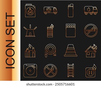 Set line Electric wiring of socket in fire, Fire burning house, No Smoking, Lighter, building, Flasher siren, Canister for flammable liquids and Open matchbox and matches icon. Vector