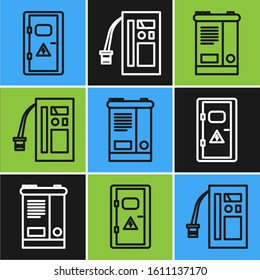 Set line Electrical cabinet, Car battery and Battery icon. Vector