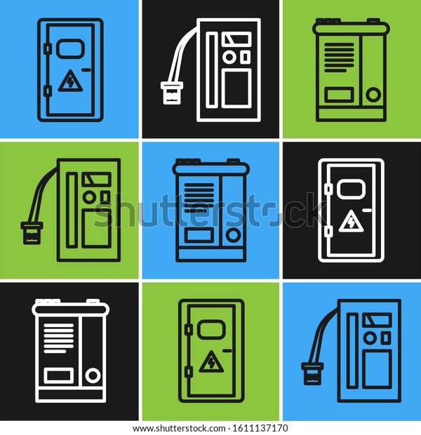 Set line Electrical cabinet, Car battery and
Battery icon. Vector