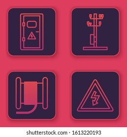 Set line Electrical cabinet, Wire electric cable on a reel or drum, High voltage power pole line and High voltage sign. Blue square button. Vector