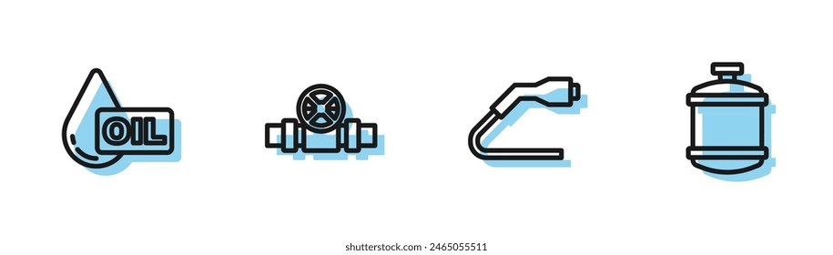 Set line Electrical cable plug charging, Oil drop, Metallic pipes and valve and Propane gas tank icon. Vector