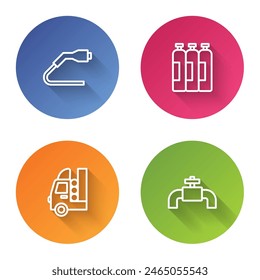 Set line Electrical cable plug charging, Industrial gas cylinder tank, Gas for vehicle and Metallic pipes and valve. Color circle button. Vector