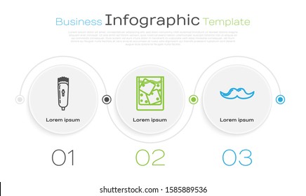 Set line Electrical hair clipper or shaver, Glass of whiskey and ice cubes and Mustache. Business infographic template. Vector