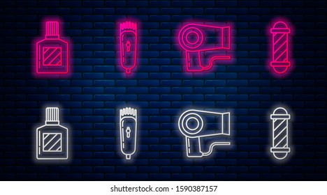 Set line Electrical hair clipper or shaver, Hair dryer, Aftershave and Classic Barber shop pole. Glowing neon icon on brick wall. Vector