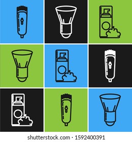 Set line Electrical hair clipper or shaver, Shaving gel foam and Shaving brush icon. Vector