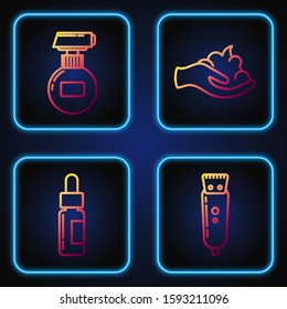 Set line Electrical hair clipper or shaver, Glass bottle with a pipette, Cream or lotion cosmetic tube and Shaving gel foam on hand. Gradient color icons. Vector