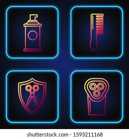 Set line Electrical hair clipper or shaver, Scissors hairdresser and shield, Shaving gel foam and Hairbrush. Gradient color icons. Vector