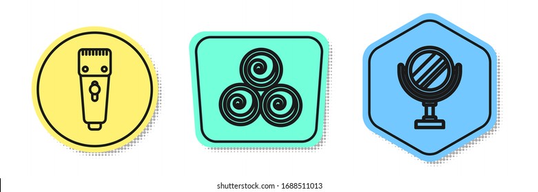 Fije la línea Clipper o shaver Eléctrico, Rodamientos de toallas y espejo de maquillaje redondo. Formas coloreadas. Vector
