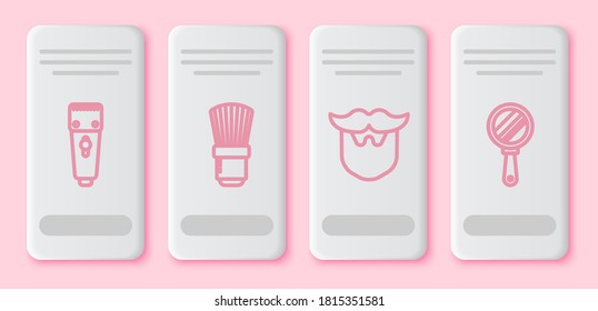 Set line Electrical hair clipper or shaver, Shaving brush, Mustache and beard and Hand mirror. White rectangle button. Vector