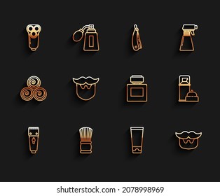 Set line Electrical hair clipper or shaver, Shaving brush, razor blade for men, Cream lotion cosmetic tube, Mustache and beard, gel foam and Aftershave icon. Vector