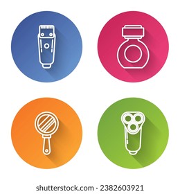 Set line Electrical hair clipper or shaver, Aftershave, Hand mirror and Electric razor blade for men. Color circle button. Vector