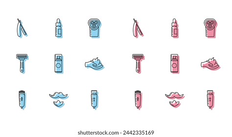 Set line Electrical hair clipper or shaver, Mustache and beard, Straight razor, Shaving gel foam, on hand,  and Glass bottle with pipette icon. Vector