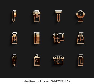 Set line Electrical hair clipper or shaver, Shaving gel foam, Hairbrush, Barbershop building, Cream lotion cosmetic tube, Aftershave and dryer icon. Vector