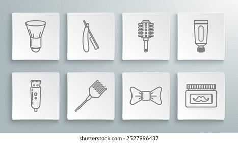 Set line Electrical hair clipper or shaver, Straight razor, Hairbrush, Bow tie, Cream lotion cosmetic jar, tube and Shaving icon. Vector