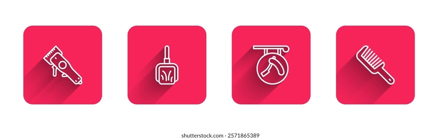 Set line Electrical hair clipper, Dustpan, Barbershop with razor and Hairbrush with long shadow. Red square button. Vector